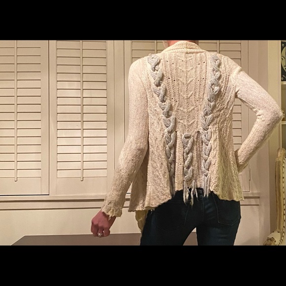 Anthropologie cream and blue braided cardigan sweater - Picture 8 of 13